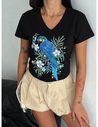 Kuş Desenli T-Shirt Siyah