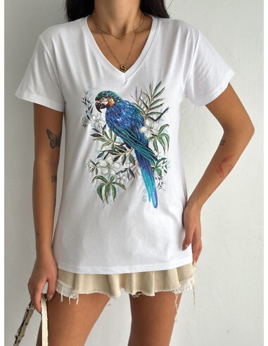 Kuş Desenli Beyaz T-shirt