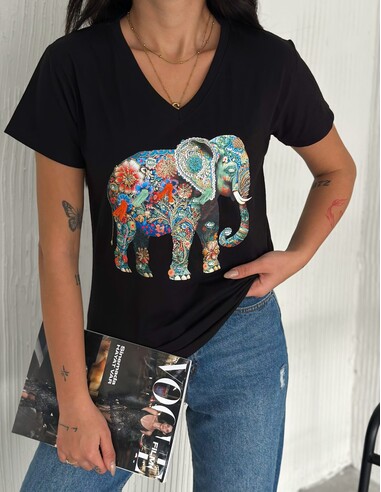 Fil Desenli Siyah Kadın T-Shirt