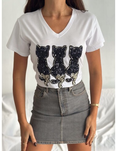 Kedi Desenli Kadın T-shirt