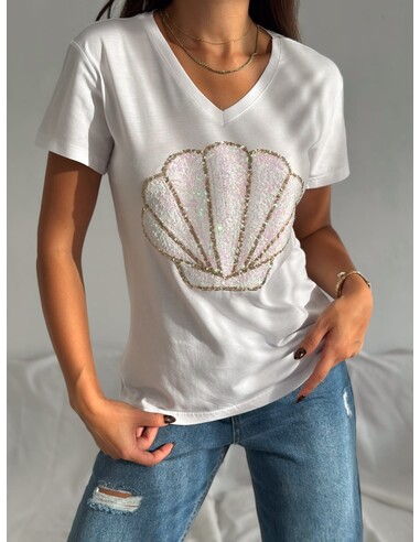 Deniz Kabuğu Desenli Kadın T-Shirt