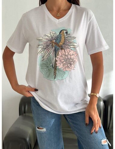 Büyük Beden Kuş Desenli Kadın T-Shirt