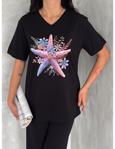 Büyük Beden Deniz Yıldızı Desen Kadın T-shirt