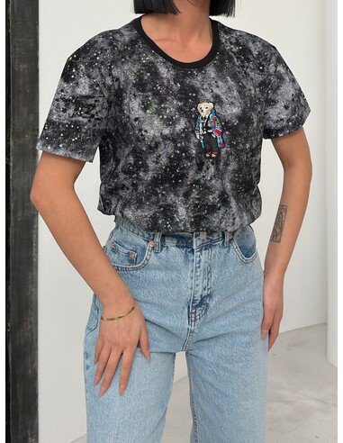 Siyah Kar Görünüm Işıltılı Teddy Bear T-shirt