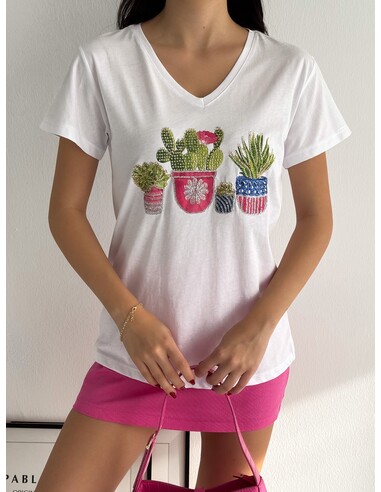 Kaktüs Pullu Payet Kadın V-Yaka T-Shirt