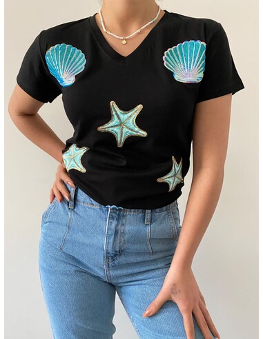 Turkuaz Pullu Payet Kadın T-Shirt