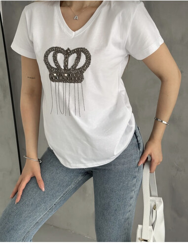 Kraliçe Pul Payet Kadın v yaka T-Shirt