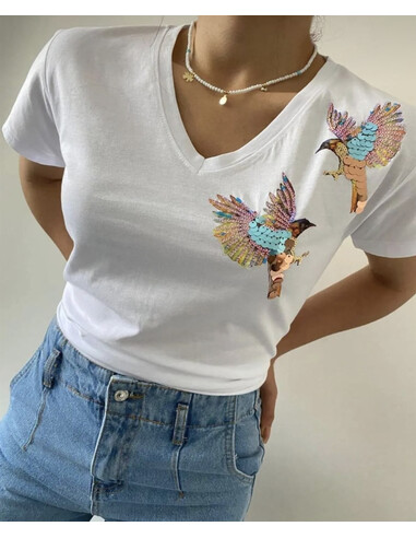 Kuşlu Pul Payet Kadın T-Shirt