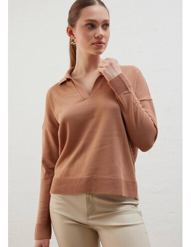 Butik Serdivan Camel V Yaka Kadın Kazak Uzun Kollu İnce Triko